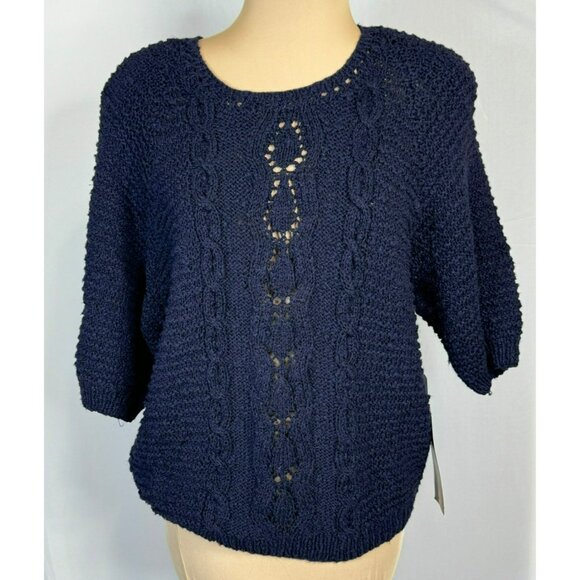 NWT Carole Little Hand Knit Navy Blue Sweater M Medium Cotton/Ramie/Rayon Blend - Picture 1 of 10